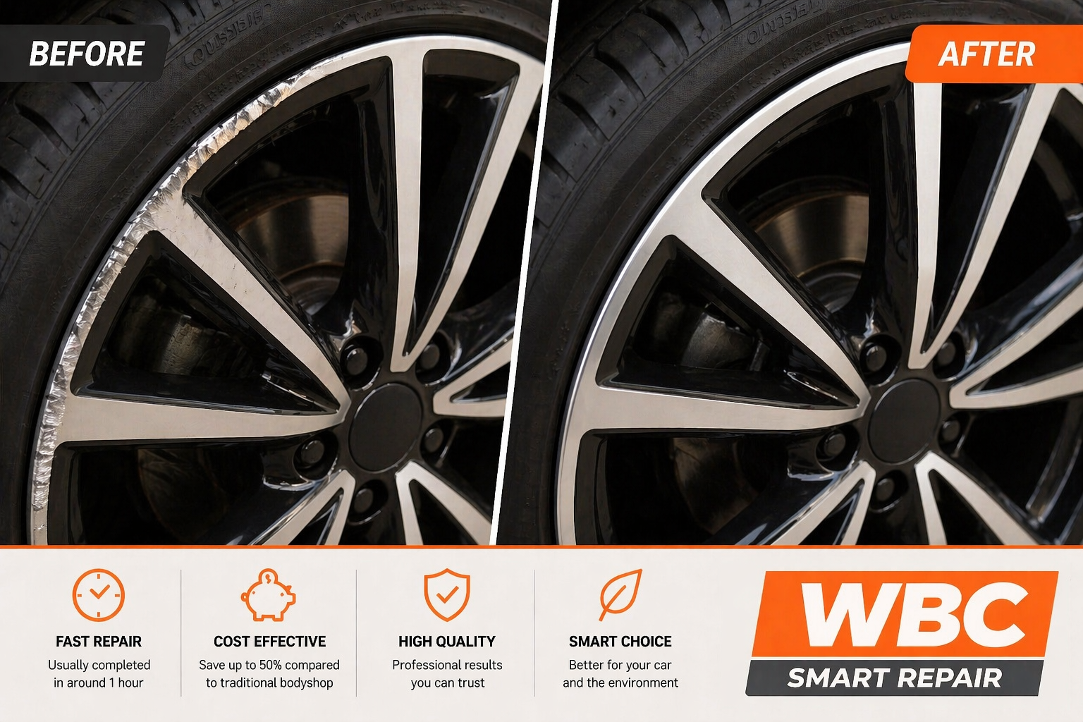 Diamond-cut alloy wheel repair before and after